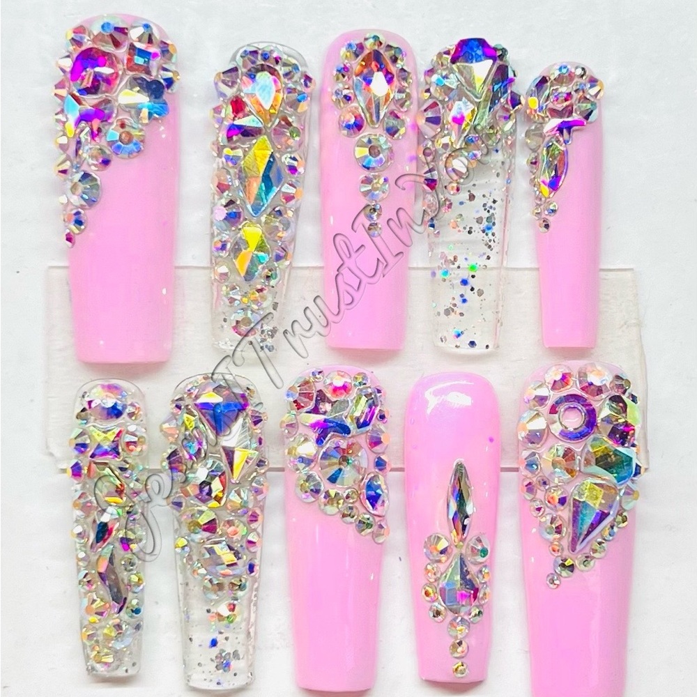 Pink and Silver Rhinestone Nail Set